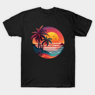 Summer Sunset Palm Tree Beach Ocean Artistic Paradise T-Shirt